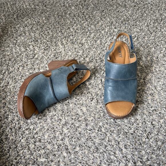 BORN WEKIVA Blue Leather Open Toe Slingback Pumps Sandals Block Heel Sz 7 Chunky - Picture 3 of 11